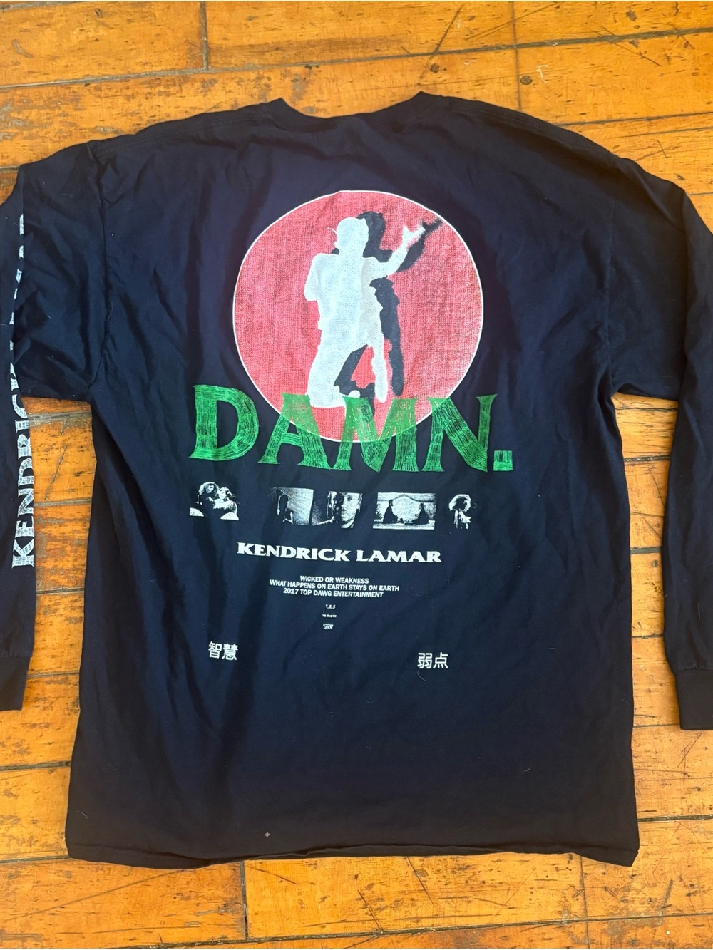 tde. 2017 Kendrick Lamar DAMN. Black Long Sleeve Tee with Red & Green Graphic